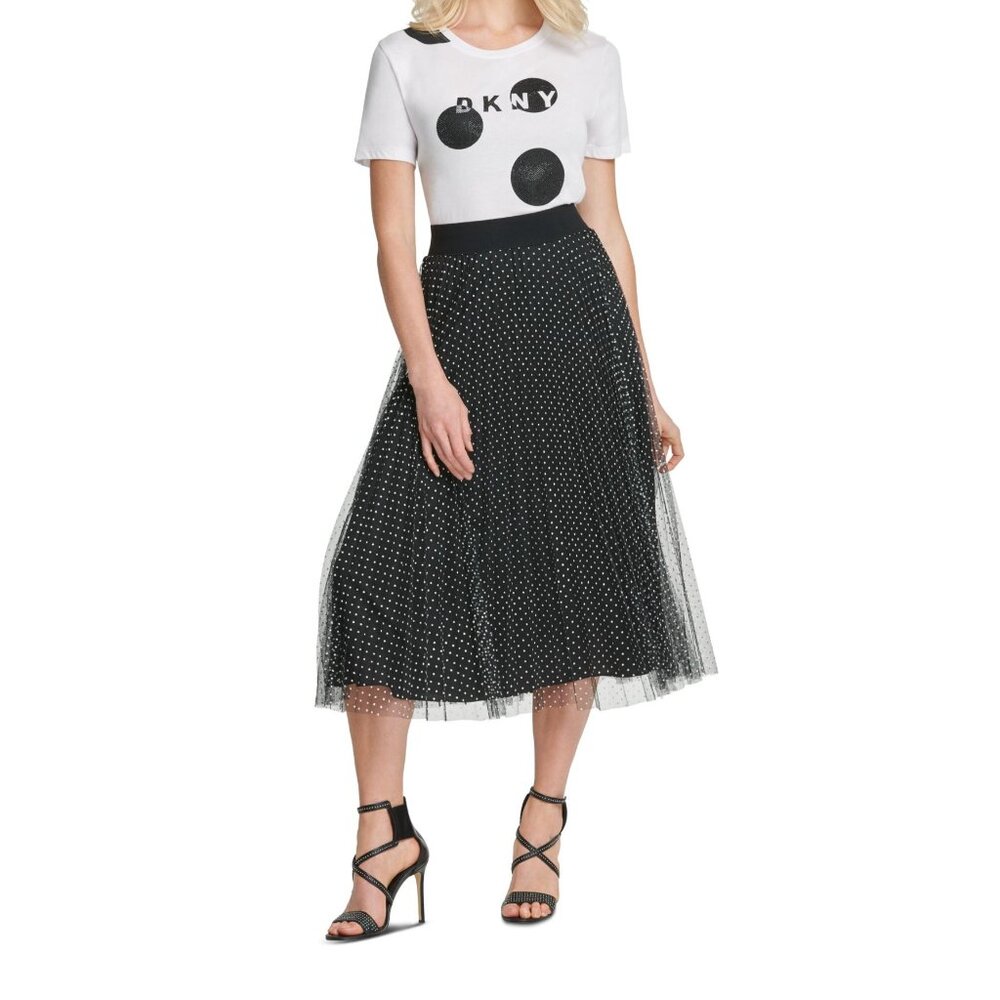 DKNY Women's Pleated Pull-On Mesh Overlay Skirt in Black/White- Size L- New!